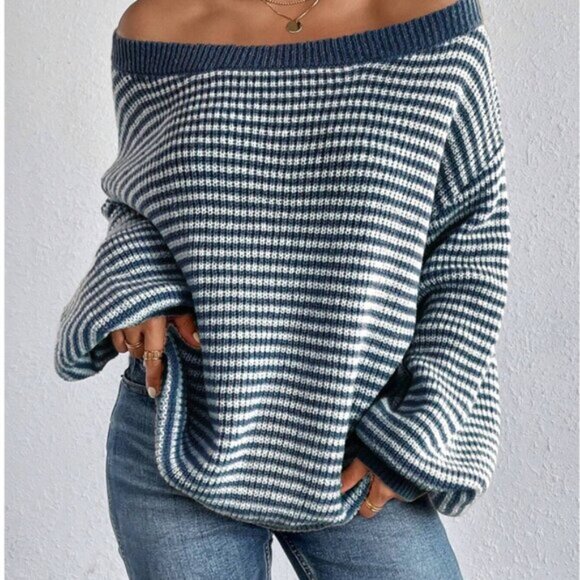 Sweaters - Striped Pattern Off Shoulder Lantern Sleeve Sweater Blue